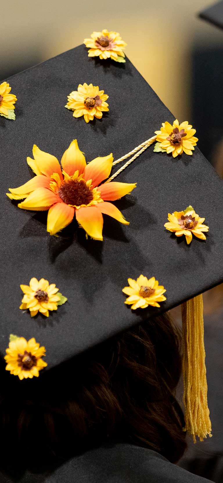 Photo of graduate hat decorated with yellow flowers