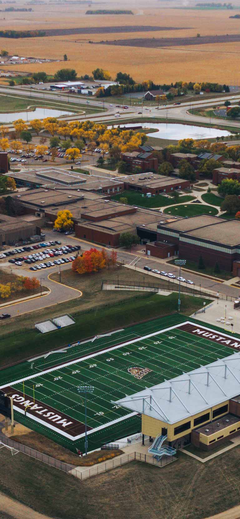 Drone view of SMSU in the fall